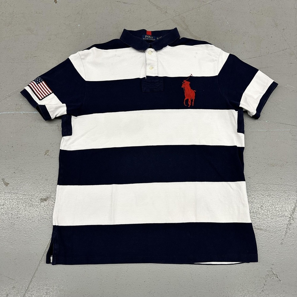 Polo Ralph Lauren Polo Shirt Mens XL Blue White Big Pony USA Flag Custom Fit
